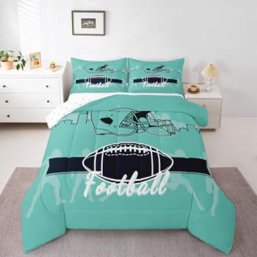 Imagem de Erosebridal Jogo de cama de futebol americano, futebol americano, jogo de bola esportiva, rúgbi, capacete, para crianças, adolescentes, homens, decoração de quarto, azul-petróleo (Seattle)