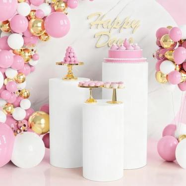 Imagem de CREATCABIN Conjunto de 3 capas de suporte de pedestal de cilindro branco capas de suporte de cilindro elastano pedestal pano elástico evento exibição redonda para festa pano de fundo aniversário