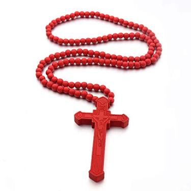 Imagem de Cruz de madeira religiosa grande pingente de crucifixo de Jesus grande madeira natural rosário colorido colar corrente oração cristã batismo joia presente de Páscoa para homens mulheres, 16in, Zinco