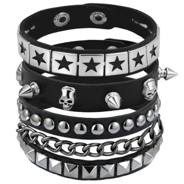 Imagem de EYEOO 3 peças de pulseiras Sipke Emo pulseiras punk Y2K para mulheres e homens acessórios góticos cravejados de couro rocha cravejado gótico conjunto de pulseiras de punho 80s Rocker Outfit Punk