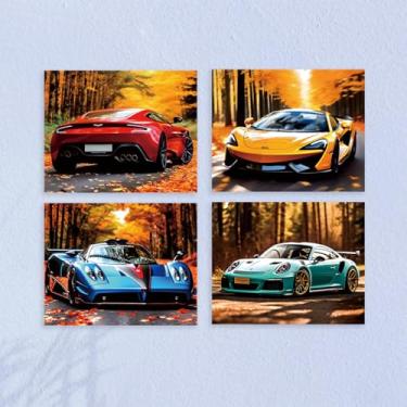 Imagem de 4 peças fantásticas decoração de parede de carro sem moldura colorida pintura de supercarro pôster arte para paredes, carro de corrida garagem decoração de parede impressões modernas para meninos