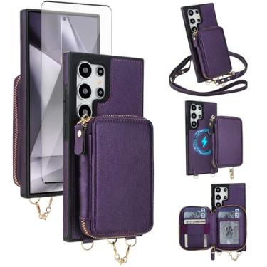 Imagem de Capa de celular para Samsung Galaxy S23 Ultra 5G carteira com zíper e protetor de tela, alça transversal 2 em 1 MagSafe bloqueio RFID Flip S23Ultra 23S S 23 23 Ultra roxo escuro