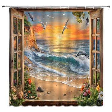 Imagem de Cortina de chuveiro com vista para a praia, oceano, pôr do sol, costa, golfinho, gaivota, janela, planta, litoral, mar, ondas, tecido, conjunto de cortinas de banheiro com ganchos