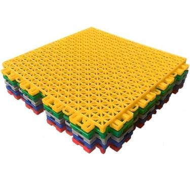 Imagem de Tapetes interligados modulares externos de 25 cm, gaiola de cachorro falsa para pátio, calçada, piscina, quadra esportiva, 16 peças (cinza)