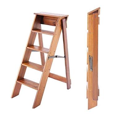 Imagem de Banqueta de madeira, banquetas dobráveis de 5 degraus para uso doméstico, portátil, escadas, cadeiras multiuso, para jardim doméstico ou biblioteca/cor de madeira (cor de madeira) (cor de madeira)