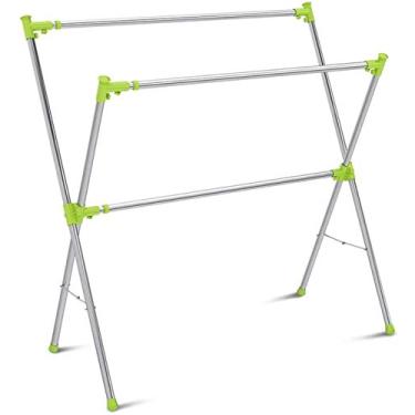 Imagem de EESCZVGBDX Secador de ar de roupas aquecido elétrico rack de secagem de aço inoxidável tipo X rack de secagem de piso dobrável telescópico duplo pólo interno varanda rack de secagem de roupas arejador