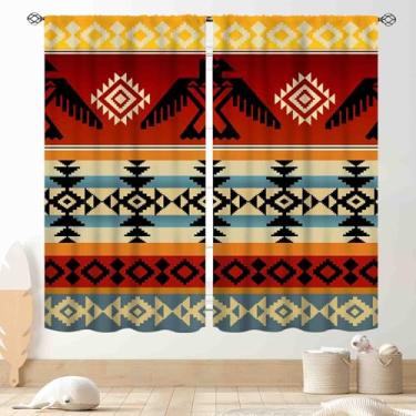 Imagem de Cortinas astecas, sudoeste Natvie Eagle Tribal Americano Vermelho Étnico Ocidental Abstrato Geométrico Boho Blackout Cortina de Janela Tratamentos para Quarto, Sala de Estar, Cozinha, Banheiro, 2
