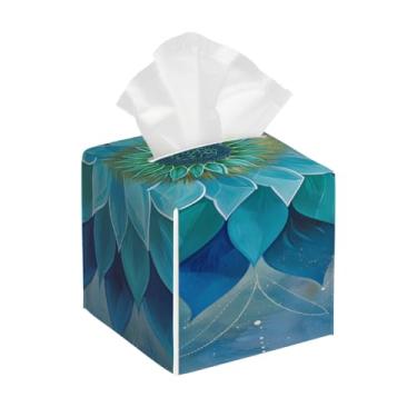 Imagem de Porta-lenços de papel quadrado de couro, impermeável, étnico, mandala, azul, psicodélico, organizador de papel facial com cinto inferior, estojo de lenços para mesa, banheiro, escritório, mesa, carro