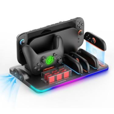 Imagem de TRANSNOVO Estação de carregamento e controle profissional compatível com Nintendo Switch-2, carregador Joy-Pad de 4 compartimentos com luzes RGB de 9 cores, indicadores LED inteligentes e