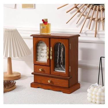 Imagem de Caixa de joias de madeira maciça, organizador de joias com 4 gavetas/design de porta dupla, colar embutido, carrossel e espelho para colares, brincos, anéis A