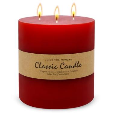 Imagem de Vela de pilar extra grande vermelha de 3 pavios, 15 x 15 cm, sem cheiro, sem gotejamento, sem fumaça e queima limpa. Aproximadamente 120 horas de tempo de queima. Perfeito para casamentos, jantares