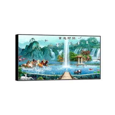 Imagem de Chinoiserie Arte de parede paisagem imagem em tela - montanha lago cavalo pássaros - pintura chinesa - impressões em moldura preta para decoração de casa 60 x 108 cm 24 x 42 pol