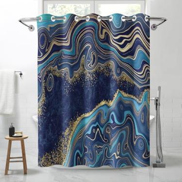 Imagem de Lnond Cortina de chuveiro de mármore azul dourado, luxuosa, à prova d'água, sem gancho, para banheiro, spa, banheira, 71 L x 74 C
