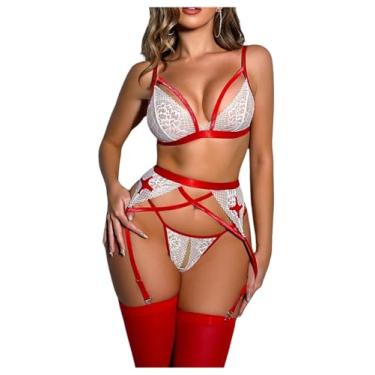 Imagem de WDIRARA Conjunto de lingerie feminina de 3 peças de fantasia de marinheiro cosplay listrado com shorts, Renda vermelha e branca, M
