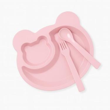 Imagem de Kit Introdução Alimentar Bebê 3 Peças em Fibra de Trigo Prato Ursinho com Colher e Garfo Antiderrapante (ROSA)