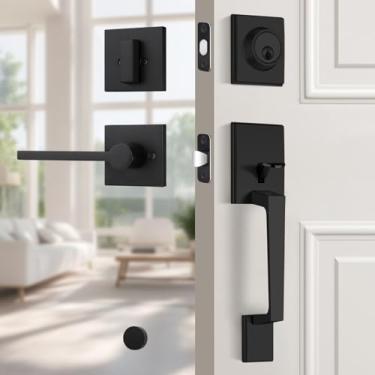 Imagem de EHOMEWARE Conjunto de fechadura de porta frontal preto fosco, maçaneta externa com fechadura única, conjunto de maçanetas de porta de entrada resistentes, maçaneta reversível para portas canhotas