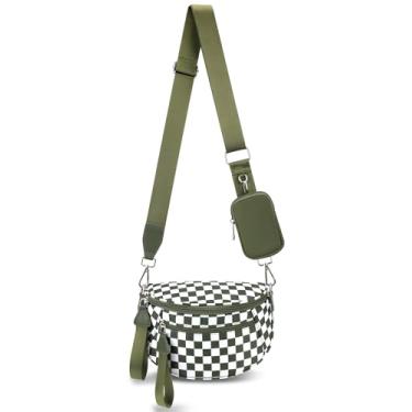 Imagem de MIVELOYA Bolsa transversal quadriculada para mulheres, pochete espaçosa quadriculada de nylon com bolsa de moedas RFID para uso diário e viagens, Verde e branco, Large