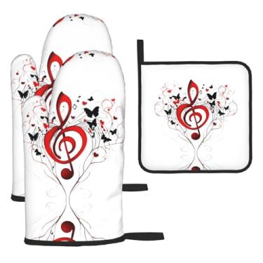 Imagem de Padrão musical – Conjunto de cozinha essencial com 3 peças, luvas seguras para calor e alça de tampa, proteção para churrasco no forno, design de armazenamento suspenso.