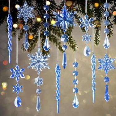 Imagem de 9 peças de enfeites de Natal azuis claros para pendurar em floco de neve - enfeites de gelo de floco de neve de cristal acrílico com pingentes de gota para decoração de lustre do país das maravilhas