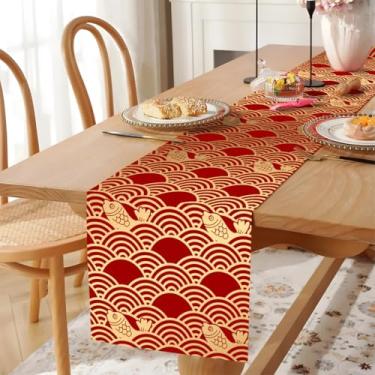 Imagem de Caminho de mesa de ano novo chinês, caminho de mesa vermelho com versão completa padrões de água do lago peixinho dourado, festival da primavera lunar da China, decoração de jantar de cozinha de