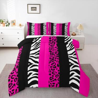 Imagem de Feelyou Conjunto de edredom Queen com listras de zebra, estampa de leopardo, para crianças, meninos, meninas, zebra, leopardo, pele de animal selvagem, decoração de quarto, rosa negra, 3 peças com 2