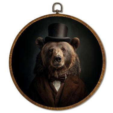 Imagem de Decoração de arte de parede redonda vintage 25 x 25 cm, arte de parede de urso marrom emoldurado, decoração de arte de animal com retrato vitoriano para casa de fazenda, quarto, sala de estar