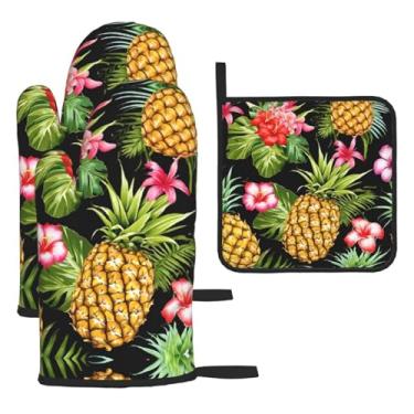 Imagem de Conjunto de cozinha essencial com 3 peças de abacaxi tropical, estampa havaiana, luvas resistentes ao calor, proteção para churrasco no forno, design de armazenamento suspenso.