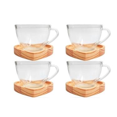 Imagem de Jogo Xícaras Café Chá com Pires Madeira Coração Rosa Presente Criativo Mesa Posta Cantinho do Café (4 Xícaras Chá Lisas + Pires Co)