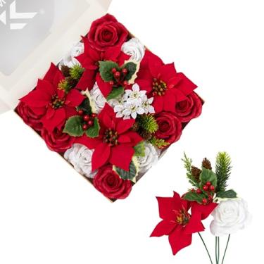 Imagem de FANKO Conjunto de flores artificiais de Natal: Poinsétias vermelhas artificiais de seda falsa vermelha e rosa branca para decoração de árvore faça você mesmo, guirlanda de Natal, arranjos florais