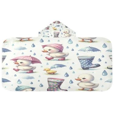 Imagem de Burbuja Pato com botas de chuva toalha de banho com capuz para crianças, toalha de praia de pelúcia macia absorvente para meninas e meninos 3-10 anos, 61 x 127 cm