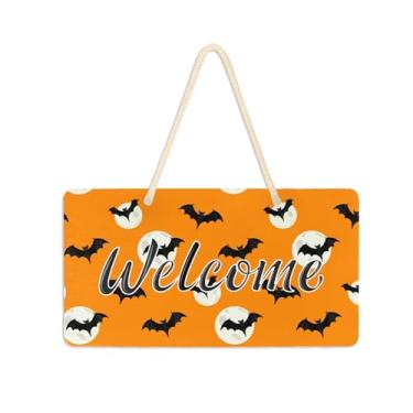 Imagem de Burbuja Placa de boas-vindas da lua de morcegos pretos para porta da frente, placa de boas-vindas de PVC para decoração de férias, 15 x 28 cm