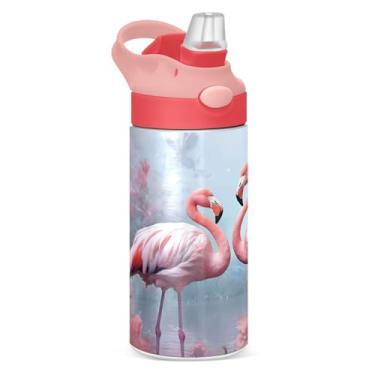 Imagem de xigua Garrafa de água infantil Flamingos com canudo – Copo de aço inoxidável à prova de vazamento de 340 g para esportes, creche