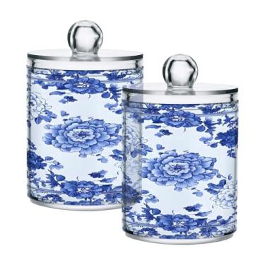 Imagem de STAYTOP 2 peças de frascos de boticário de flor retrô azul Qtip para banheiro com etiquetas - recipiente de armazenamento Qtip de plástico transparente acrílico para bola de algodão, cotonete, grão de