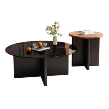 Imagem de Simple Modern Round Coffee Table set of 2, Wooden/glass Tabletop, Solid Wood Base, Cross-shaped Legs, Rounded Corners, Suitable for Living Room(B)