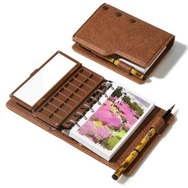Imagem de Conjunto de caderno de desenho portátil em aquarela – 100% algodão, prensado a frio, 20 folhas, caderno de arte com paleta de tinta cerâmica de 18 poços e pincéis de água de viagem para artistas e