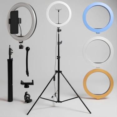 Imagem de Kit Completo Ring Light Com Tripé Ajustável 2,1m Anel De Luz LED Iluminação Profissional Vídeos Lives C/Suporte Celular