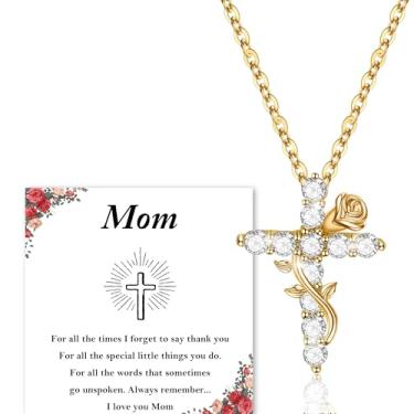 Imagem de Presentes cristãos religiosos para mulheres, presentes de Natal para mãe, irmã, colar com cruz para mulheres com batismo de rosa, comunhão católica, colar banhado a ouro 14 k para filha, neta
