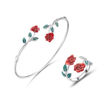 Imagem de MALOYANVE Conjunto de anéis de pulseira rosa para o Dia dos Namorados para mulheres, delicada, moda, flor rosa, folha verde, punho aberto, pulseira, anel ajustável, flor, compromisso, joias, presentes