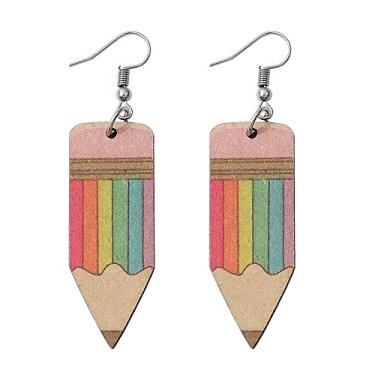 Imagem de Brincos de madeira engraçados empilháveis com pingente de lápis, pilha de livros para mulheres, meninas, professores de bibliotecário clássico, estudante, formatura, volta às aulas, joias, Madeira, madeira