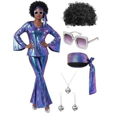 Imagem de Jexine Conjunto de fantasia de discoteca feminina de Halloween dos anos 70, calça de festa de discoteca, óculos de sol, colar de bola, brinco (roxo laser, GG)