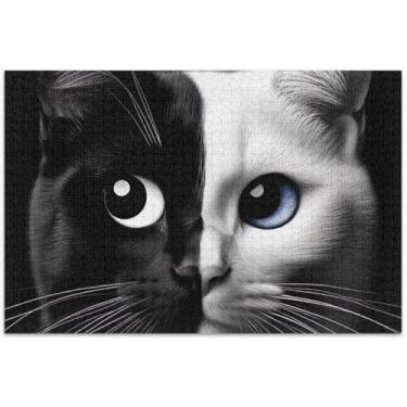 Imagem de Quebra-cabeça de rosto de gato preto e branco para adultos, 500 peças, presentes para amantes de família, quebra-cabeças rígidos para adultos, arte floral animal, 51 x 35 cm