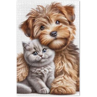 Imagem de Quebra-cabeça de cachorro terrier, gatinho fofo, 500 peças, adultos, desenho animado, arte, quebra-cabeça familiar, para amantes, presentes, 51 x 35 cm