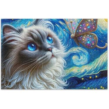 Imagem de Ragdoll Quebra-cabeça noite estrelada gato para adultos 1000 peças Engraçado Família Engraçado Amantes Presentes Arte Quebra-cabeça Brinquedo Artwork, 75 x 40 centímetros