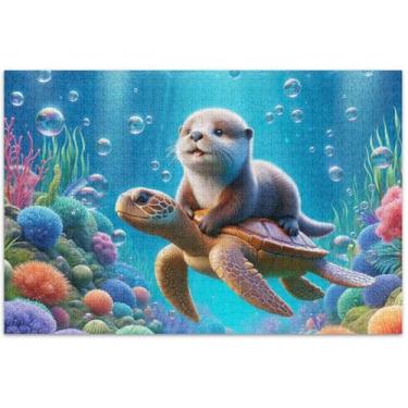 Imagem de Quebra-cabeça tartaruga marinha lontra mundo subaquático 1000 peças para adultos família quebra-cabeças amantes presentes divertidos para adultos desenhos animados animais, 75 x 40 centímetros