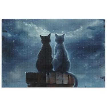 Imagem de Quebra-cabeça pintura gatos lua noite 500 peças brinquedo adulto jogo arte paisagem quebra-cabeça elefante branco presentes engraçados