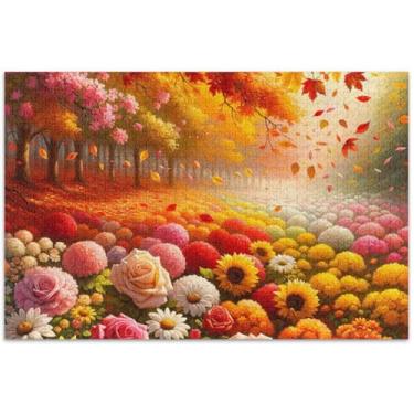 Imagem de Flores outono folhas adultos quebra-cabeça 1000 peças cenário floral arte dura quebra-cabeça engraçado presentes de jogo de quebra-cabeça, 75 x 40 centímetros