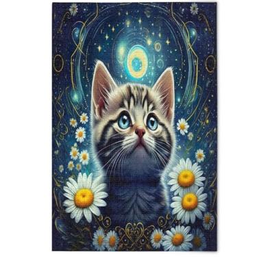 Imagem de Quebra-cabeça bonito gatinho branco margarida estrelada 1000 peças para adultos, amigos, família, jogos, presentes, paisagem, jogos de arte, 1000 peças, 75 x 50 cm