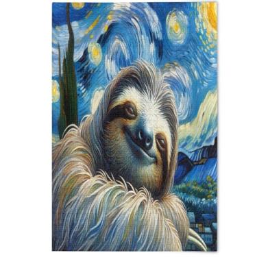 Imagem de Quebra-cabeça azul estrelado com preguiça fofa para adultos, 500 peças, arte floral de animais fofos, quebra-cabeças divertidos para adultos, família, presentes de elefante branco, 500 peças, 52 x