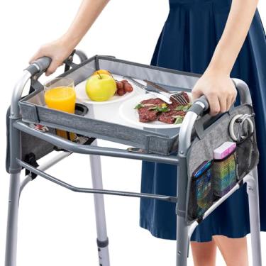 Imagem de BAGSFY Bandeja para andador de visão clara com suporte de copo e bolso lateral – mesa de andador superior rígida para idosos – Acessório dobrável para refeições, leitura, bebidas – Instalação sem