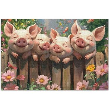 Imagem de Quebra-cabeças florais personalizados de 1000 peças com estampa de porcos fofos para adultos, quebra-cabeças divertidos e rígidos, paisagem floral, 75 x 40 cm